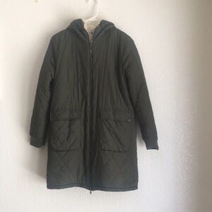 Quilted Hooded Long Reversible Coat in Olive Green/Sherpa